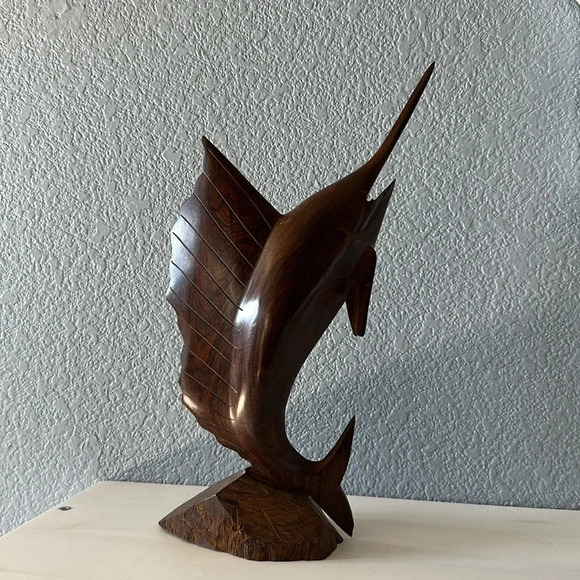 Iron Wood Marlin Sailfish Swordfish Hand Carved Statue Mid Century Modern - Picture 10 of 10